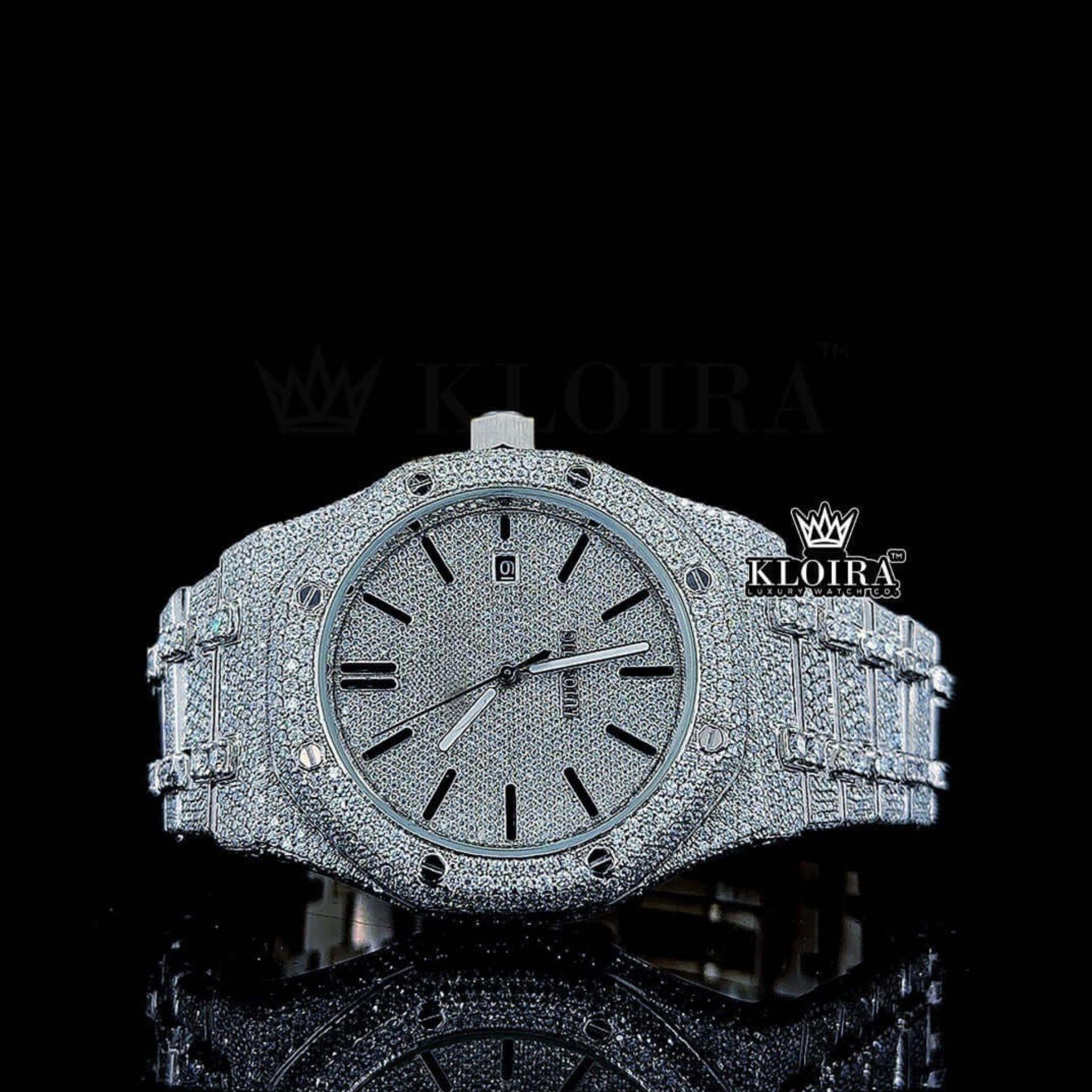 Bust Down Royal Oak Inspired Moissanite Diamond Watch Black Stick Markers Front View 