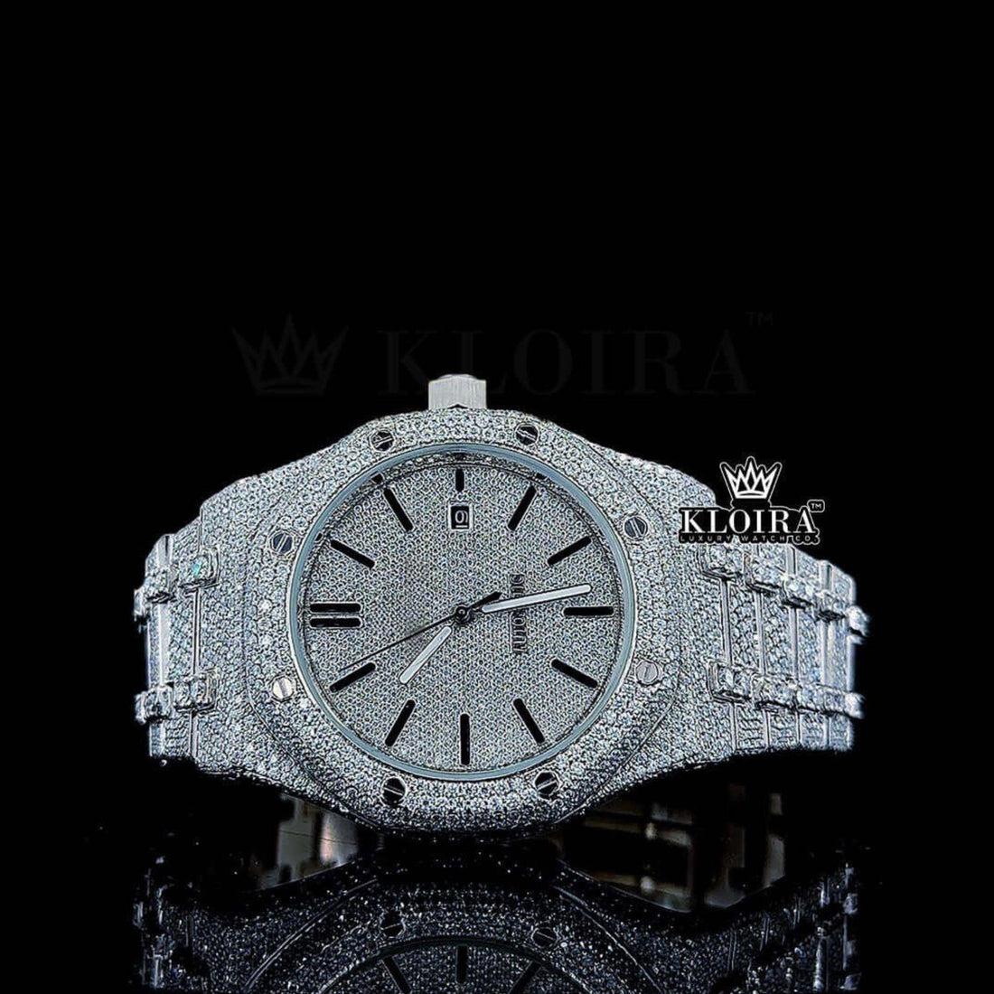 Bust Down Royal Oak Inspired Moissanite Diamond Watch Black Stick Markers Front View 