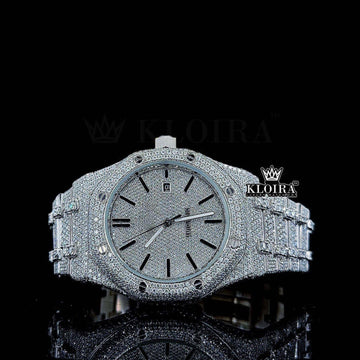 Bust Down Royal Oak Inspired Moissanite Diamond Watch Black Stick Markers Front View 