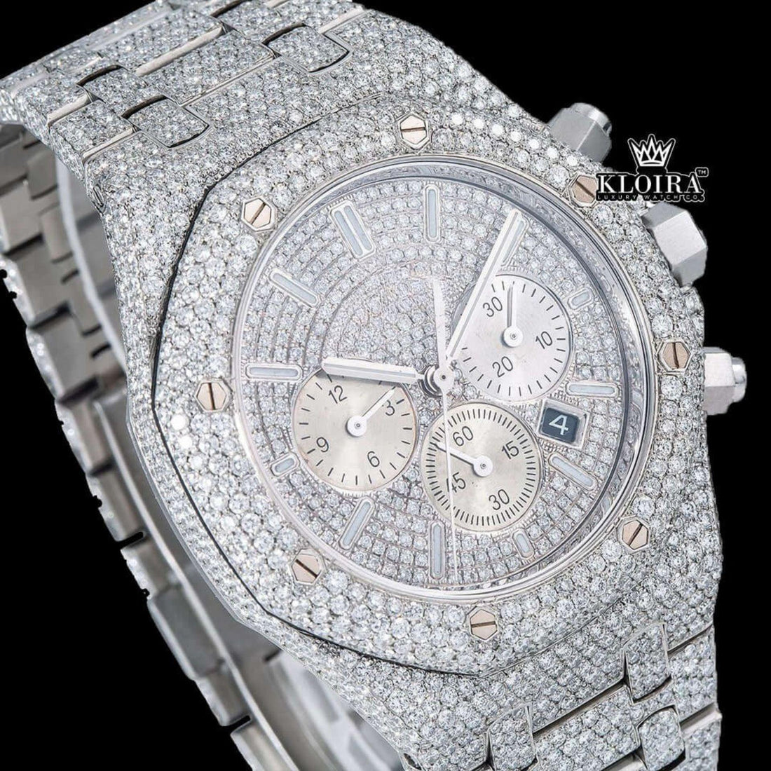 Bust Down Silver Dial Stick Markers Chronograph Moissanite Diamond Watch Front View