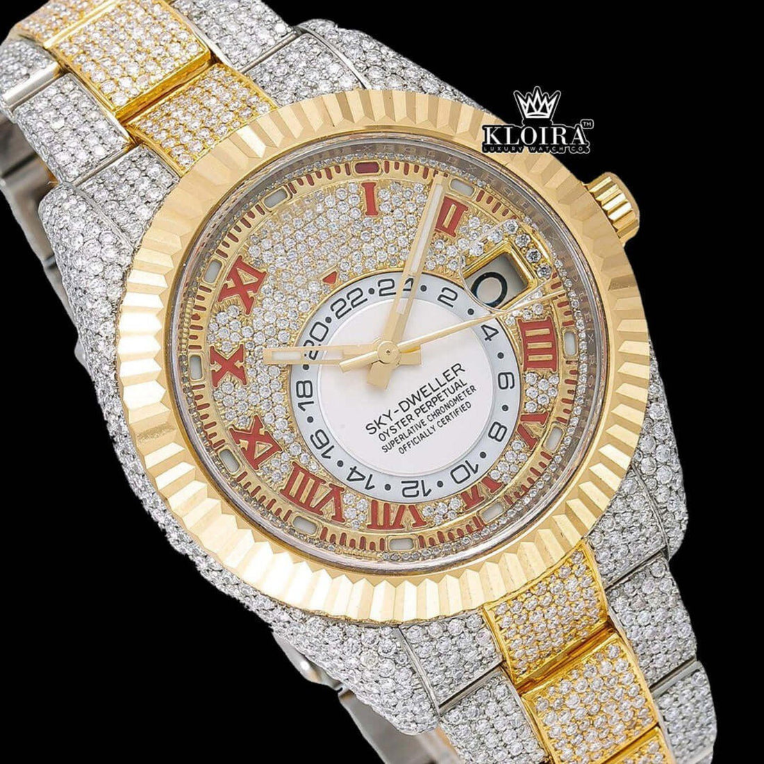 Bust Down Two Tone Yellow Dial Roman Numerals Fluted Bezel Moissanite Watch Front View