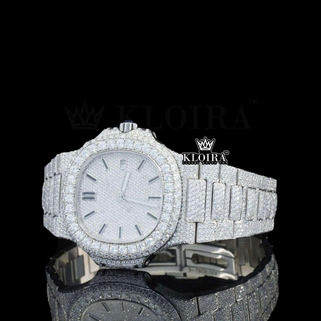Bust Down White Dial Black Stick Markers Moissanite Diamond Watch Front View