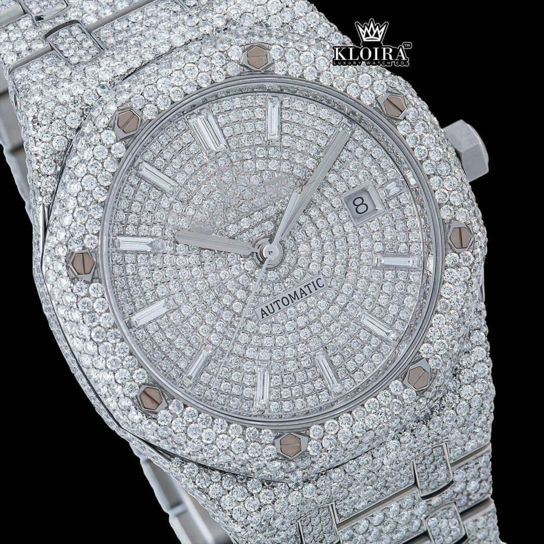 Bust Down White Dial Diamond Markers Moissanite Diamond Watch Front View