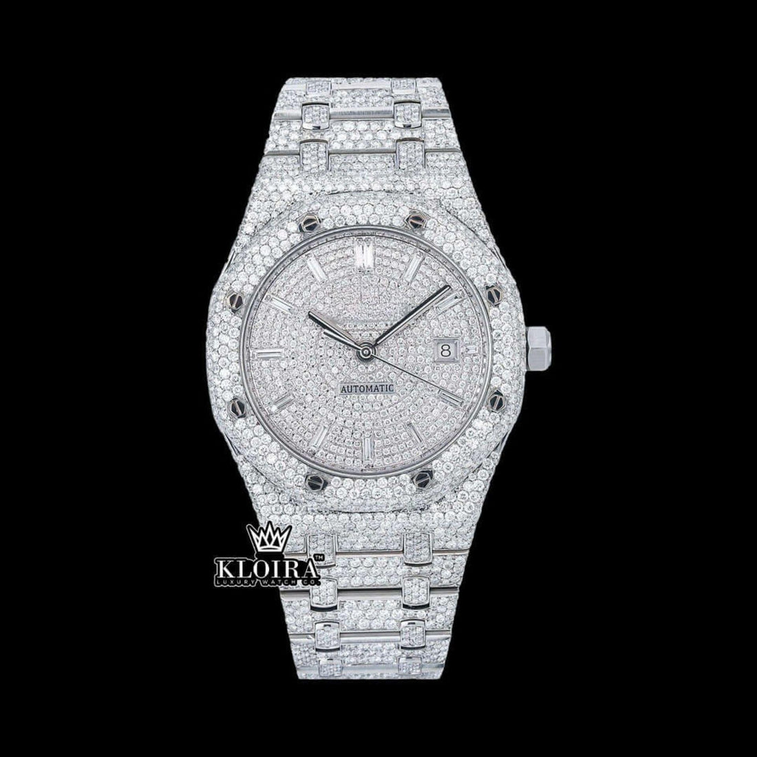 Bust Down White Dial Diamond Markers Moissanite Diamond Watch Front View