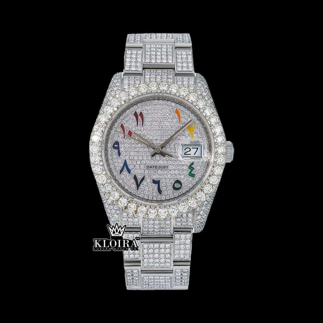 Bust Down White dial rainbow Arabic Numerals Moissanite Diamond watch Front View