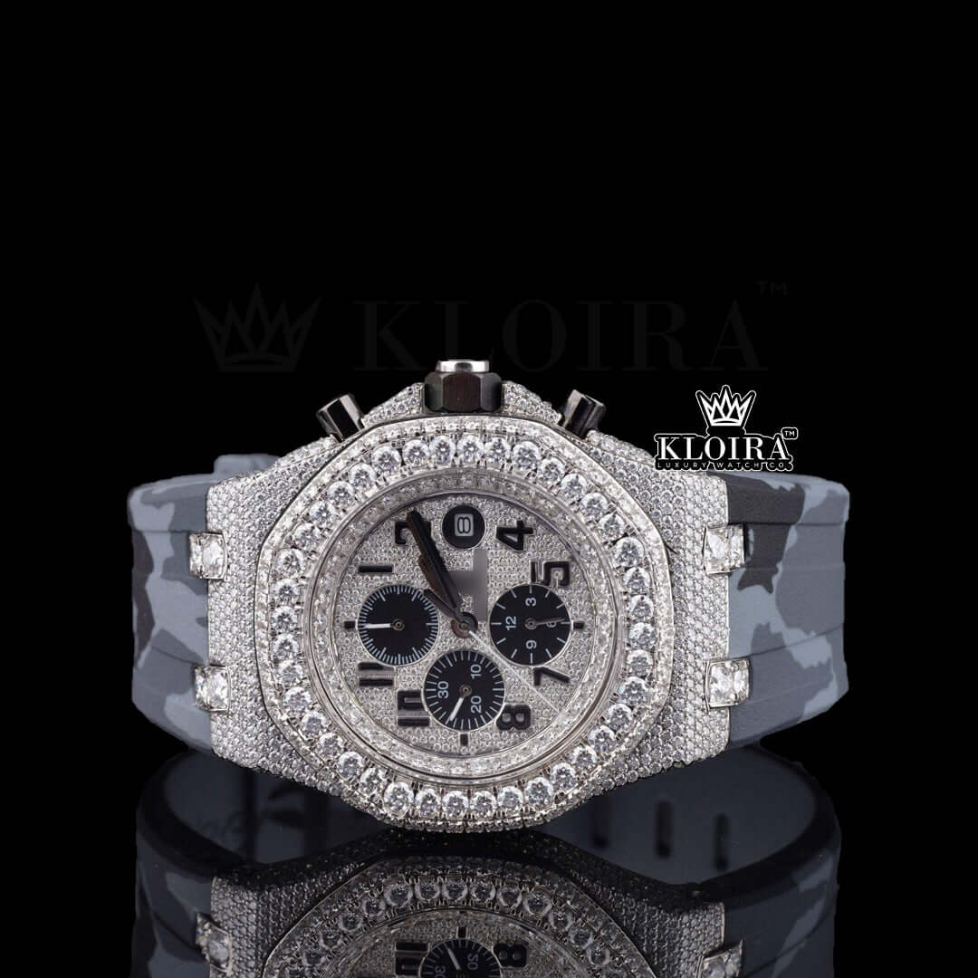 Iced out white dial moissanite diamond watch with grey camo strap and black chronograph features.