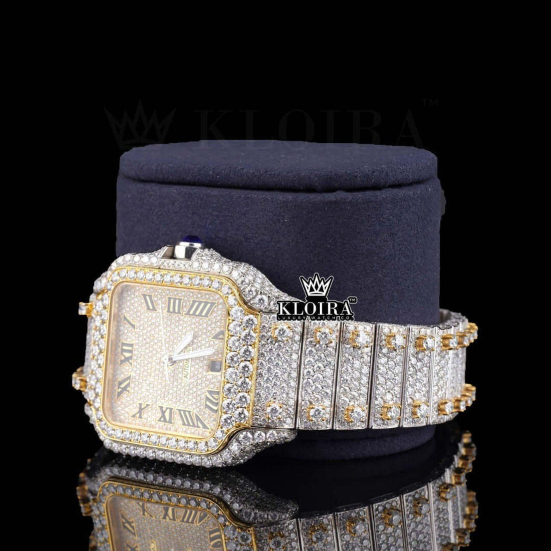 Cartier Gold Santos Inspired Moissanite Diamond Roman Numeral Watch Front View