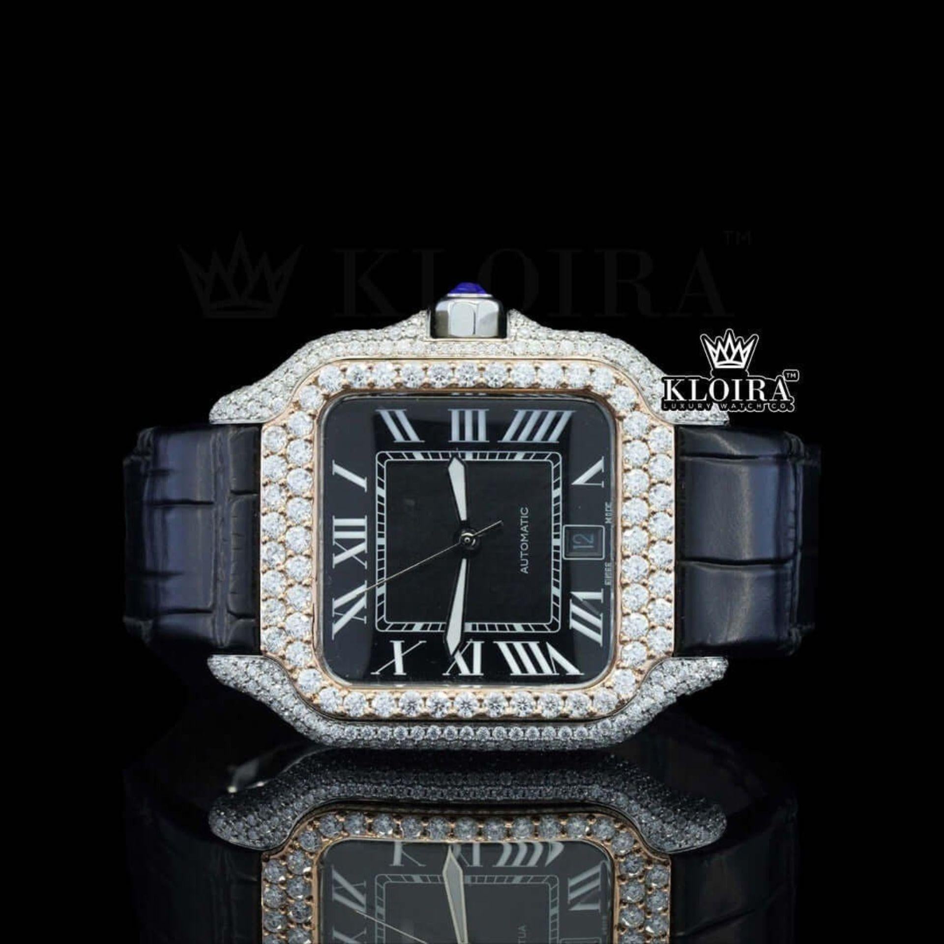 Cartier Inspired Black Dial Moissanite Diamond Watch with Black Leather Strap Front View