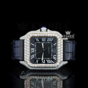 Cartier Inspired Black Dial Moissanite Diamond Watch with Black Leather Strap Front View