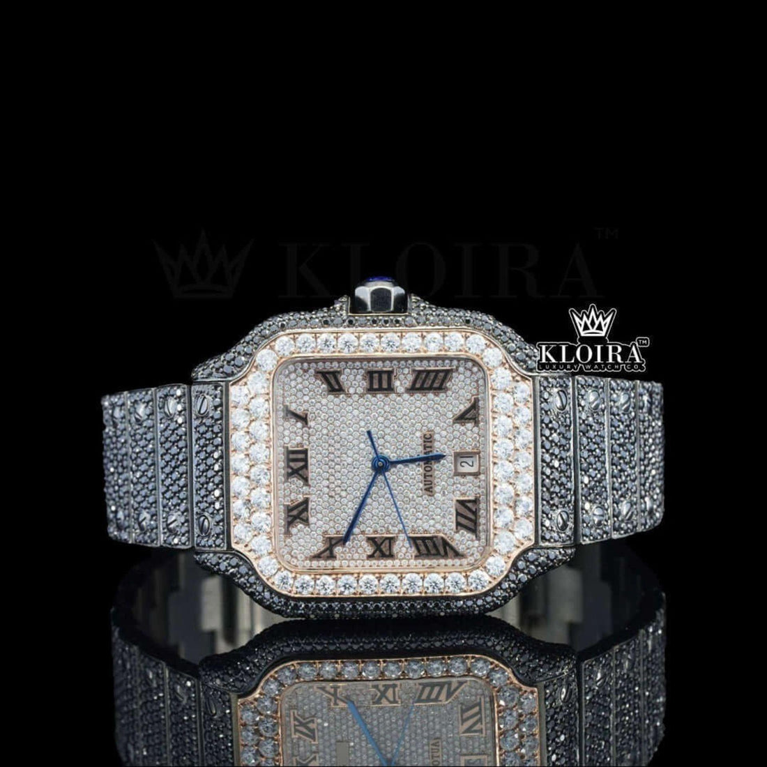 Cartier Inspired Black Iced Out Moissanite Diamond Watch 14K Gold VVS 42mm Front View