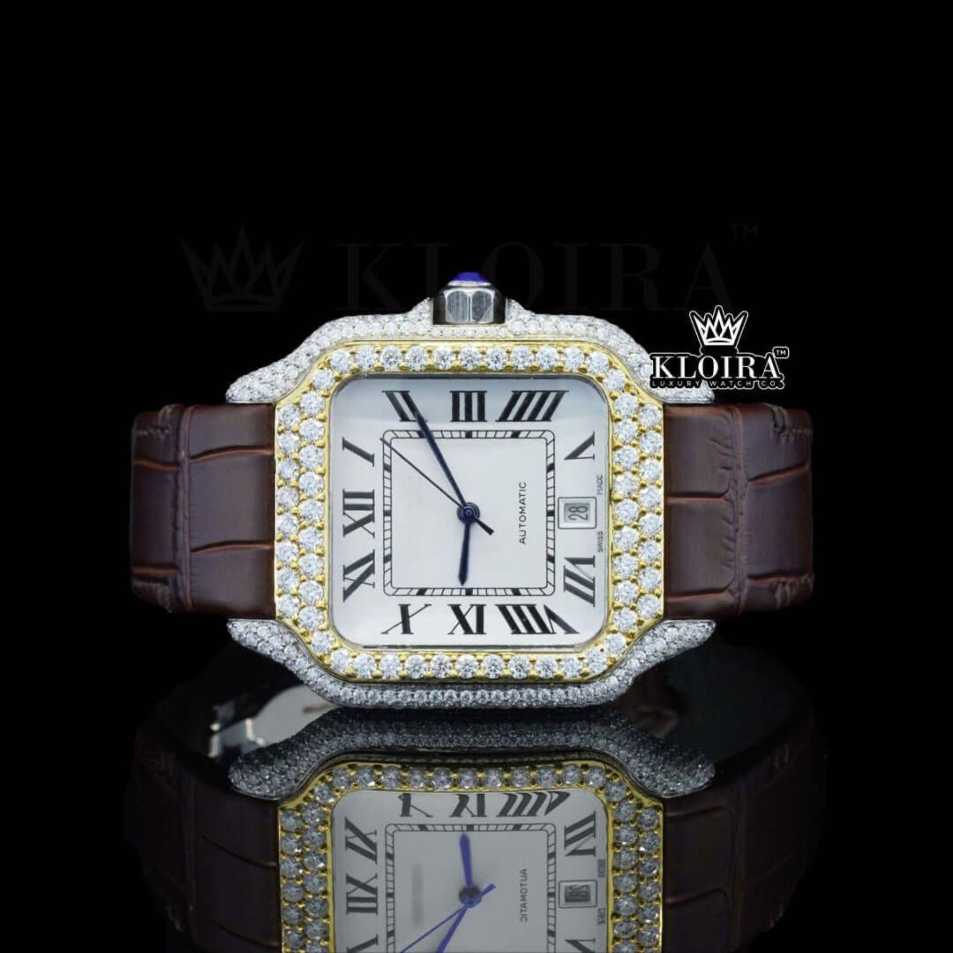 Cartier Inspired Brown Leather Strap Watch Moissanite Diamonds Front View