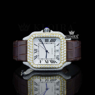 Cartier Inspired Brown Leather Strap Watch Moissanite Diamonds Front View