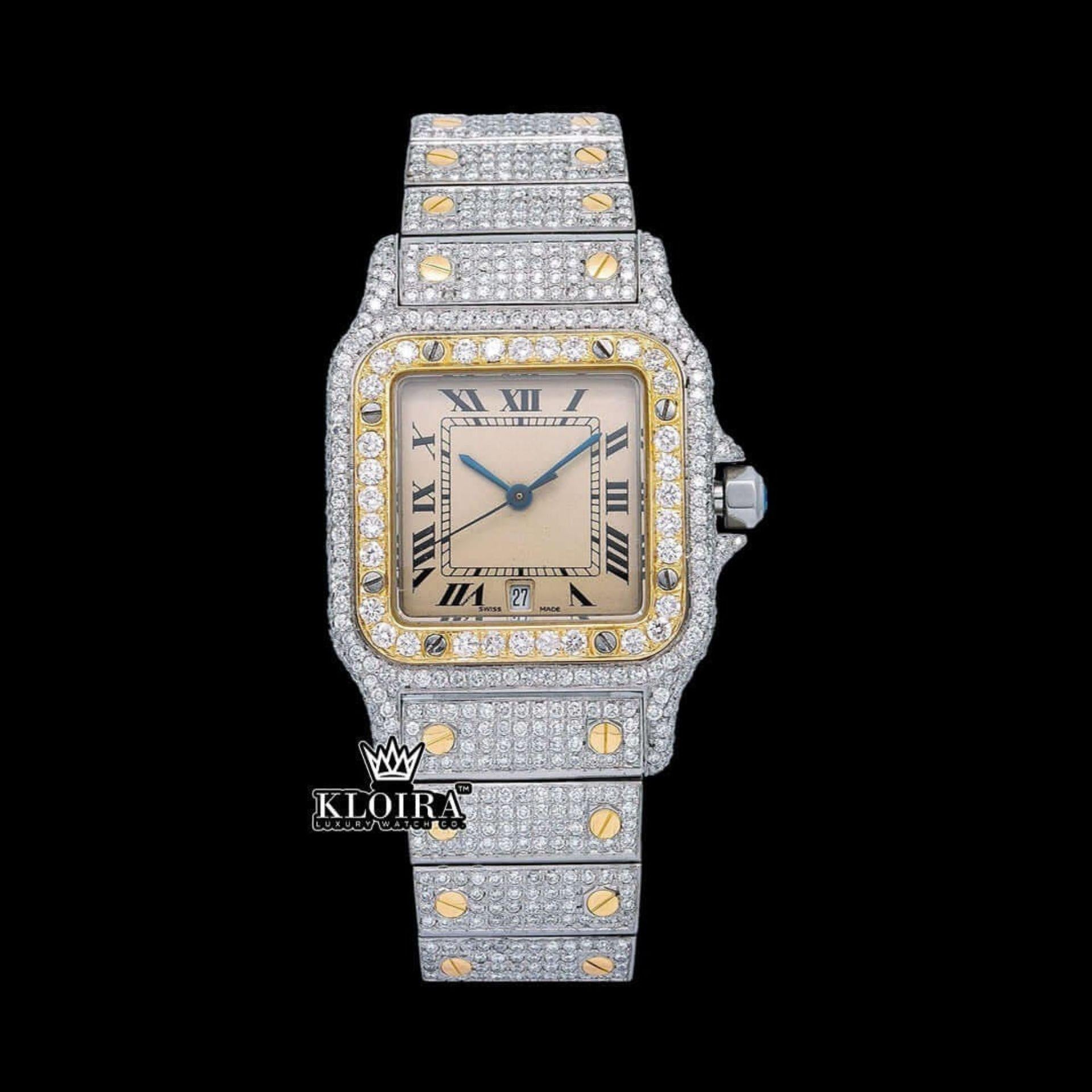 Cartier Inspired Full Diamond Watch Roman Numeral Dial 14K Gold 42mm Front View