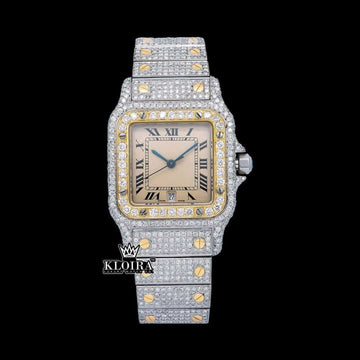 Cartier Inspired Full Diamond Watch Roman Numeral Dial 14K Gold 42mm Front View