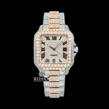 Cartier Inspired Iced Out Moissanite Diamond Watch Roman Numerals 14K Gold 42mm Front View