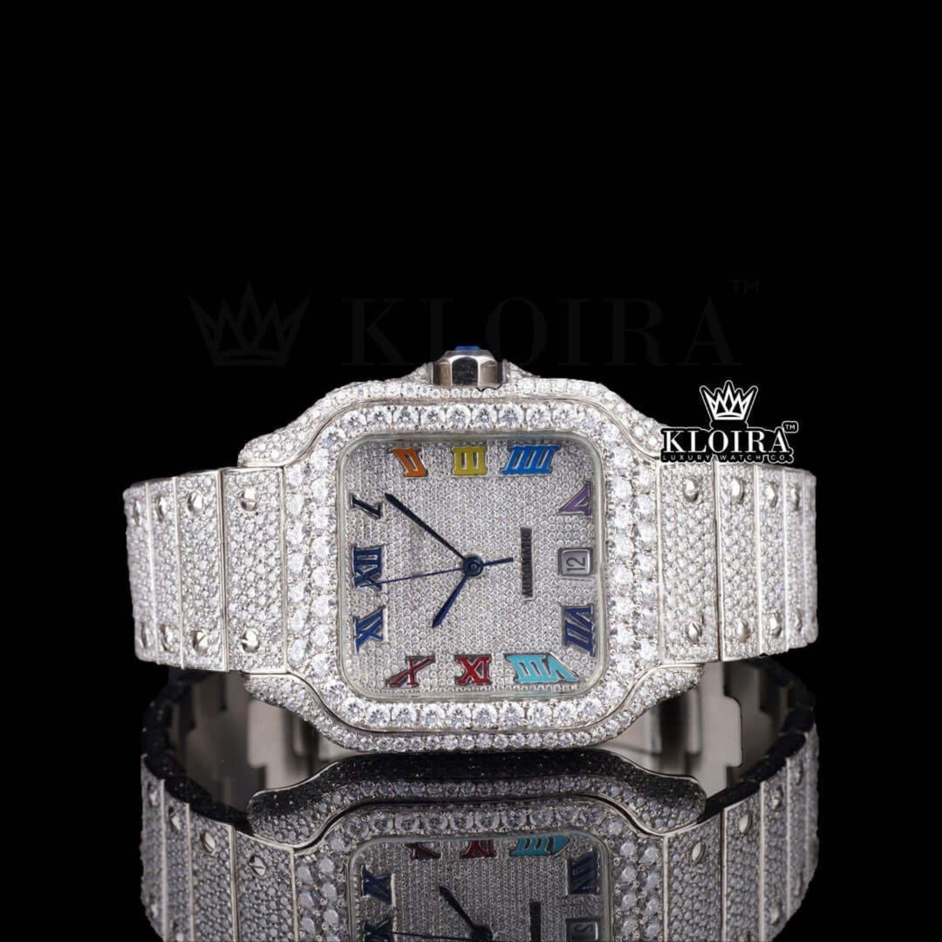 Cartier Inspired Mens Square Watch Roman Numeral Dial Moissanite Diamonds Front View