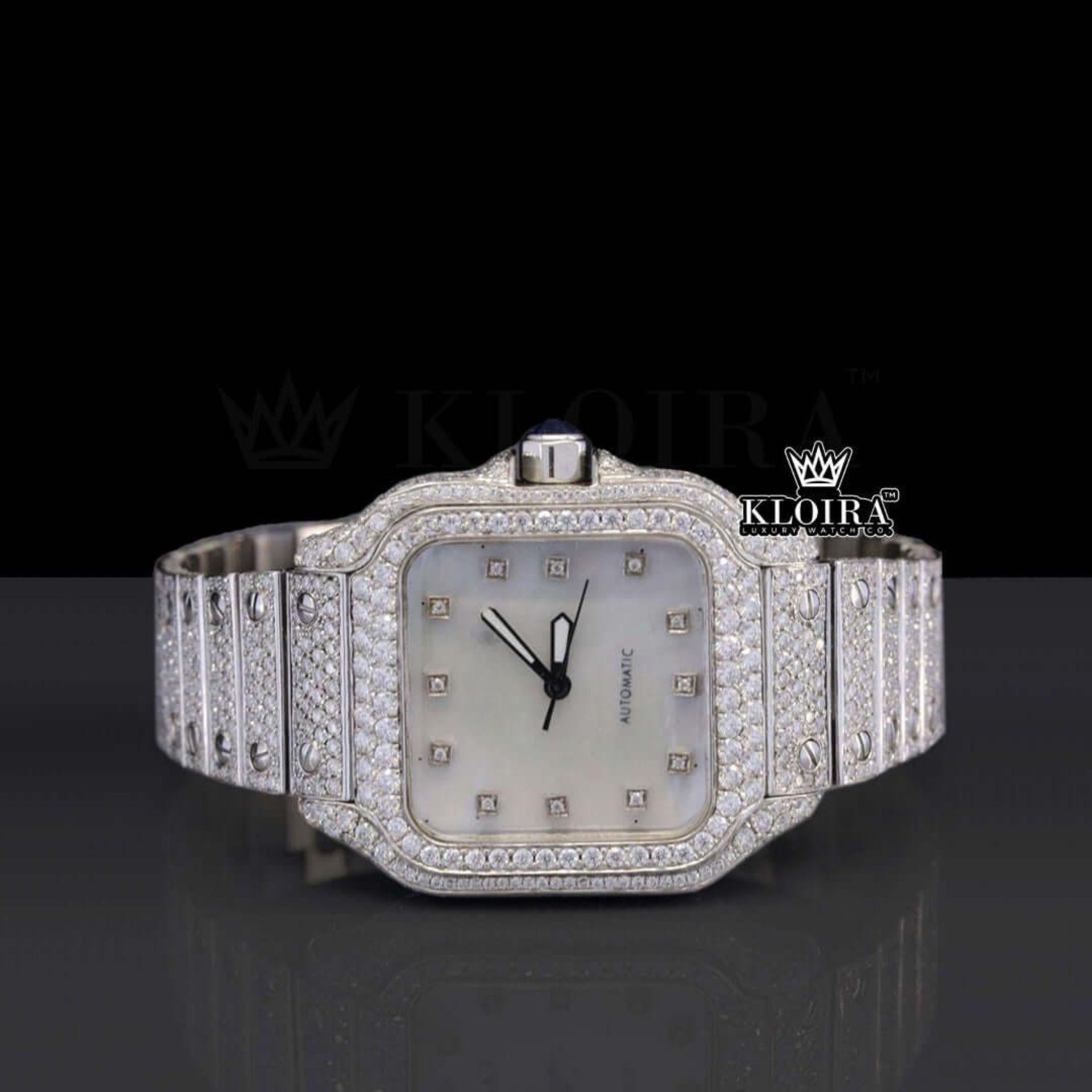 Cartier Inspired Mother of Pearl Moissanite Diamond Watch Front View