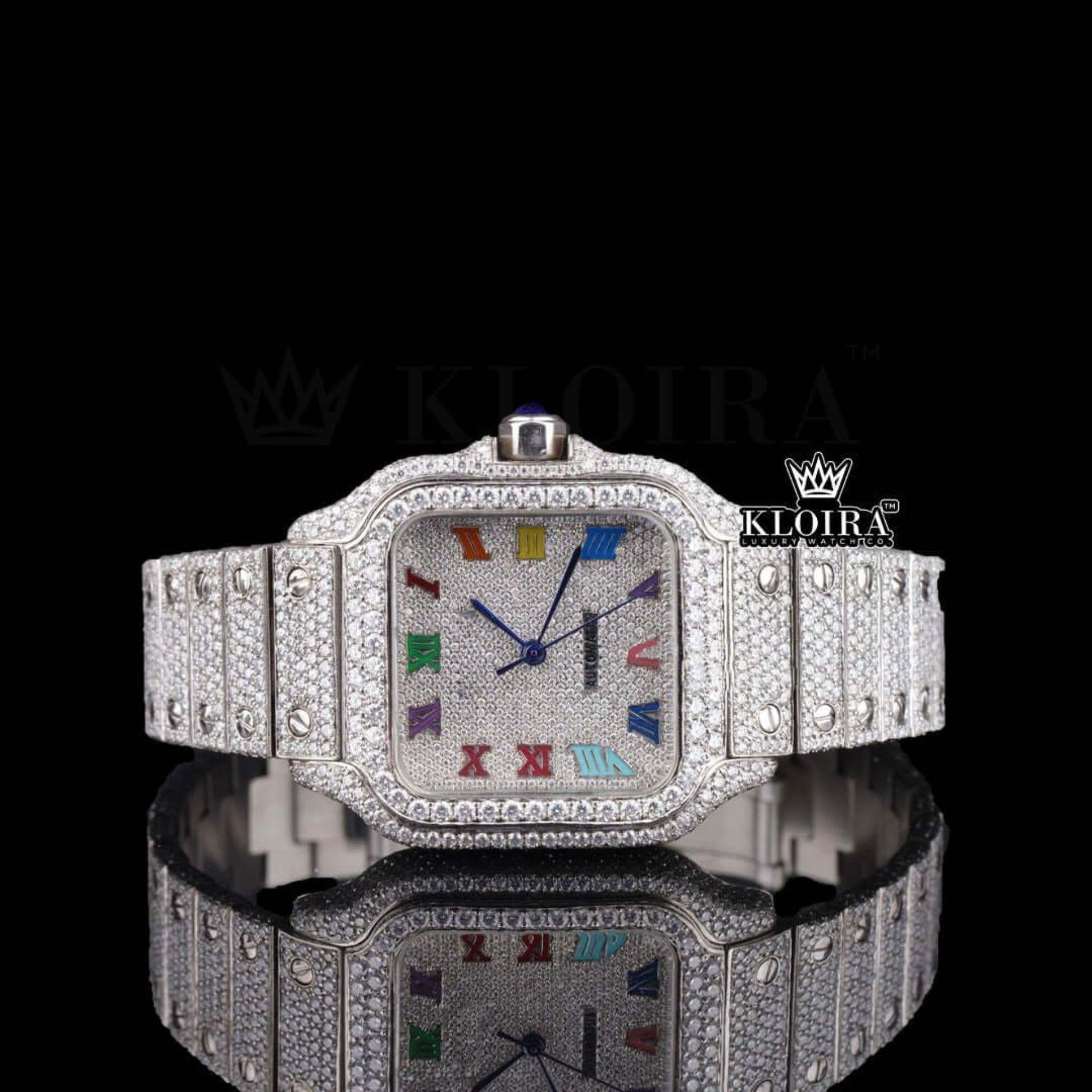 Cartier Inspired Rainbow Dial Iced Out Moissanite Diamond Watch Front View