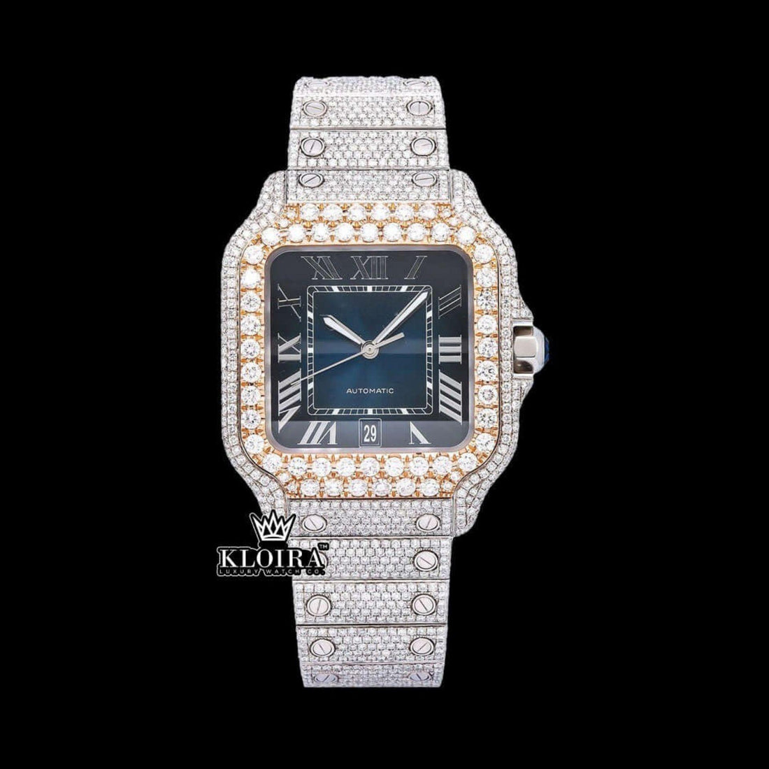 Cartier Inspired Two Tone Regalia Moissanite Diamond Watch 14K Gold 42mm Front View