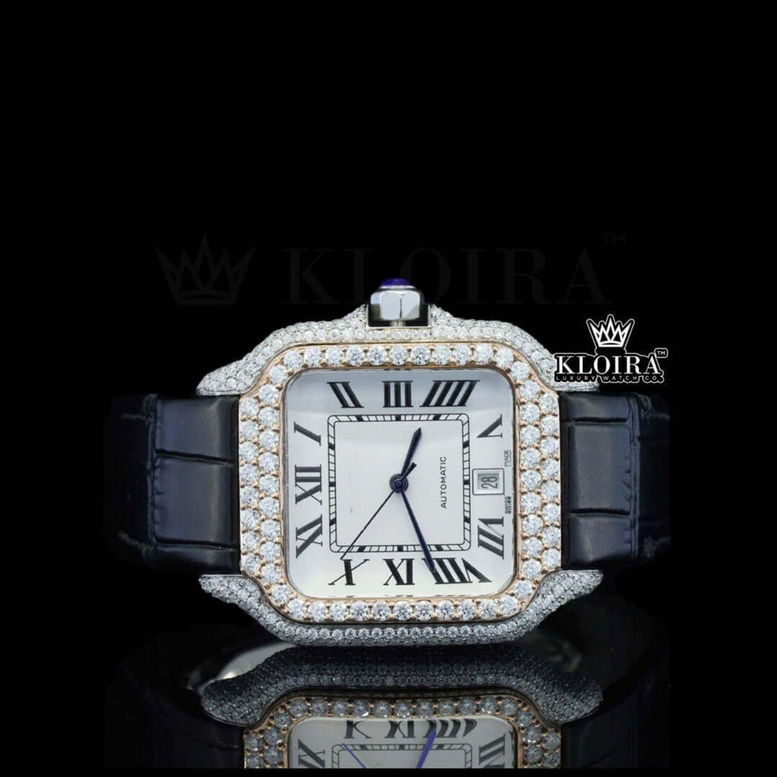 Cartier Inspired White Dial Moissanite Diamond Watch Leather Strap Front View