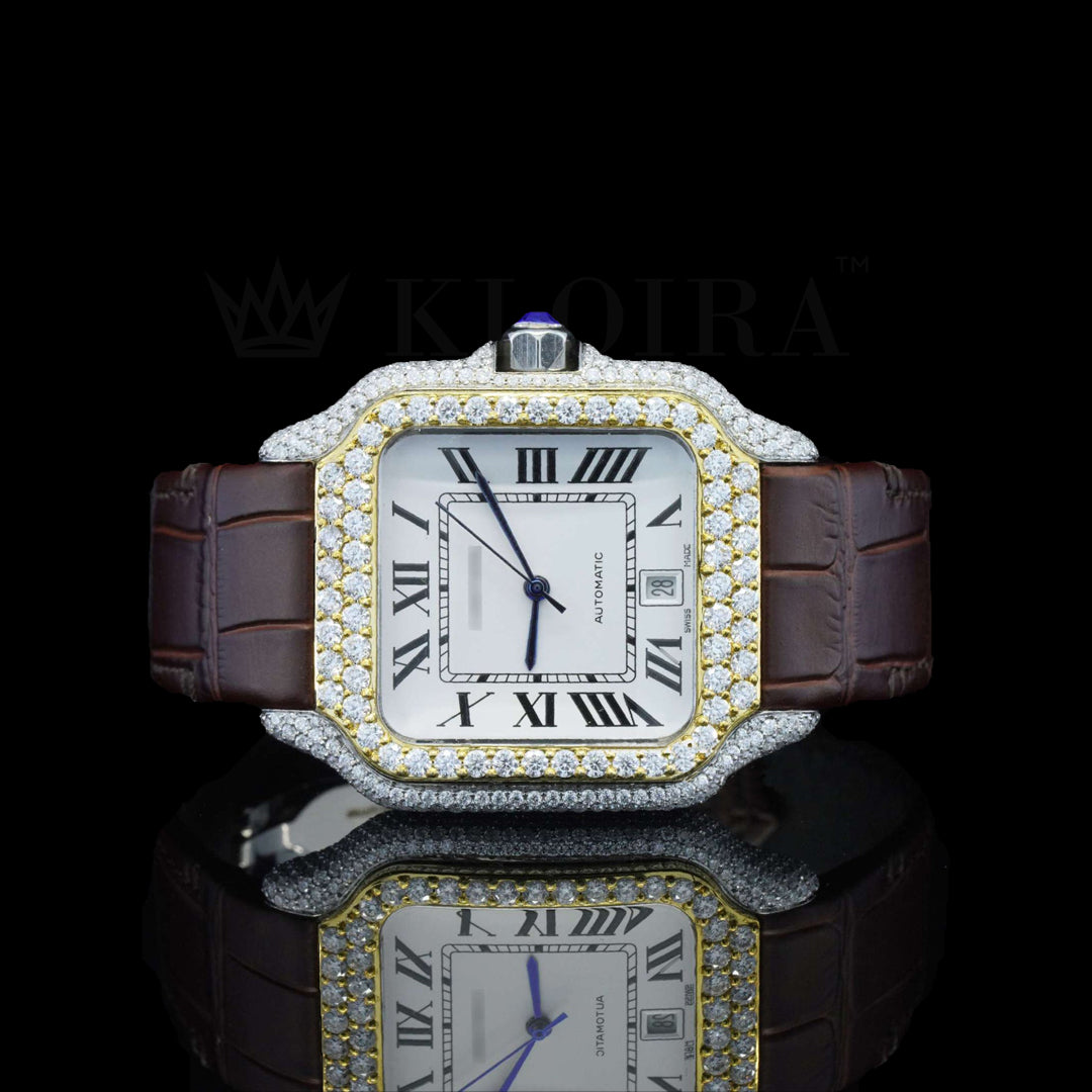 Cartier Santos watch with brown leather strap, white dial, diamond accents, and 14K gold-plated case.