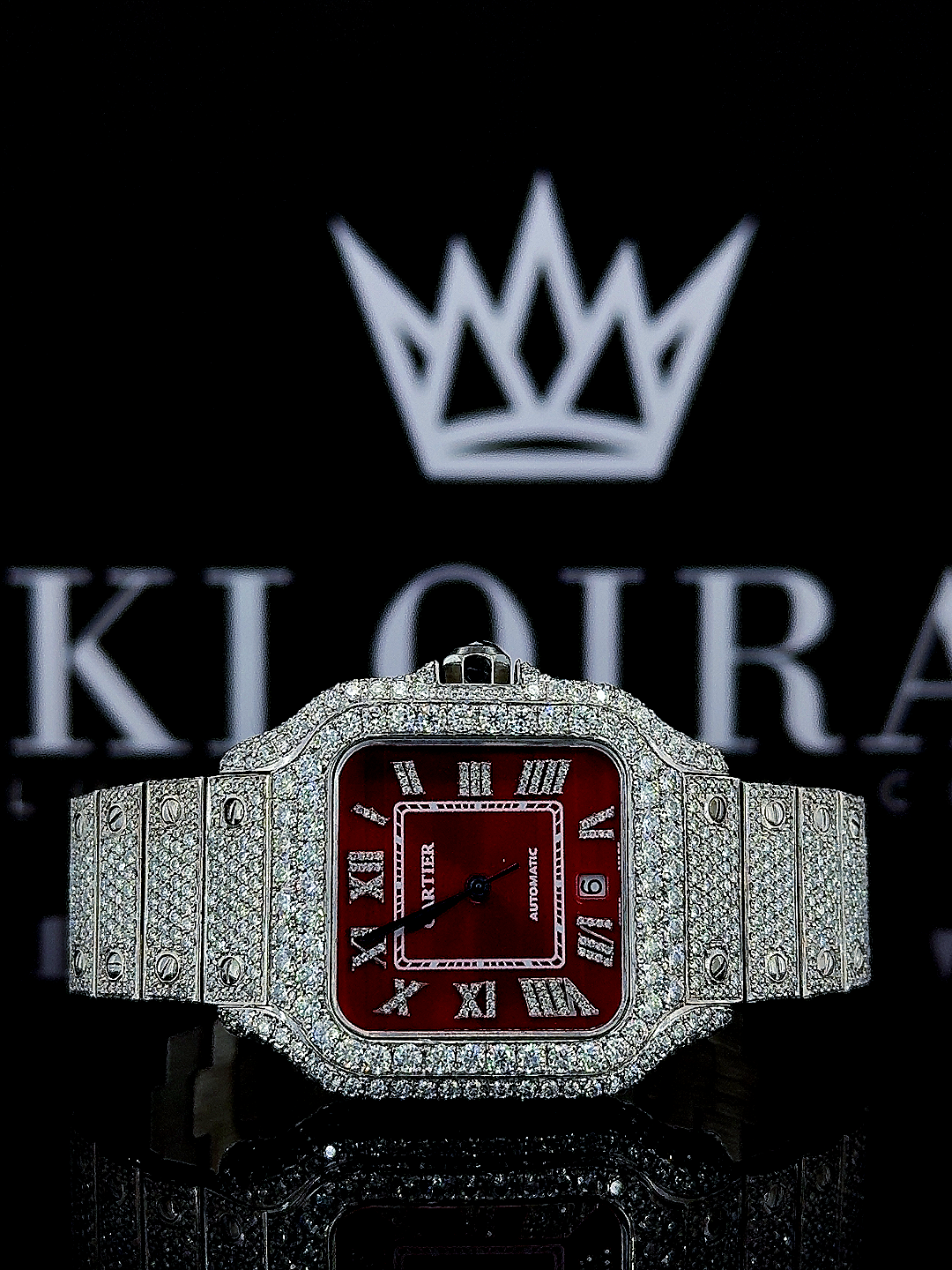 Cartier Santos Iced Out Red Dial Moissanite Diamond Watch Front View