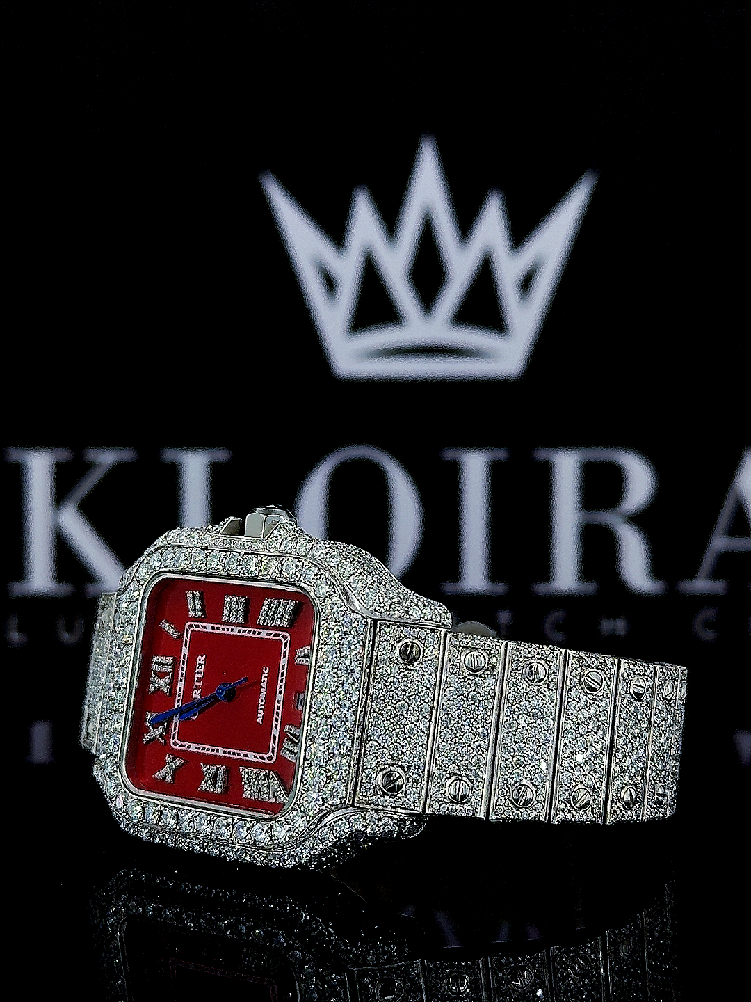 Cartier Santos Iced Out Red Dial Moissanite Diamond Watch Front View