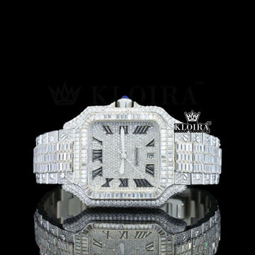 Cartier Santos Inspired Baguette Lab-Grown Diamond Watch 14K Gold 42mm Front View