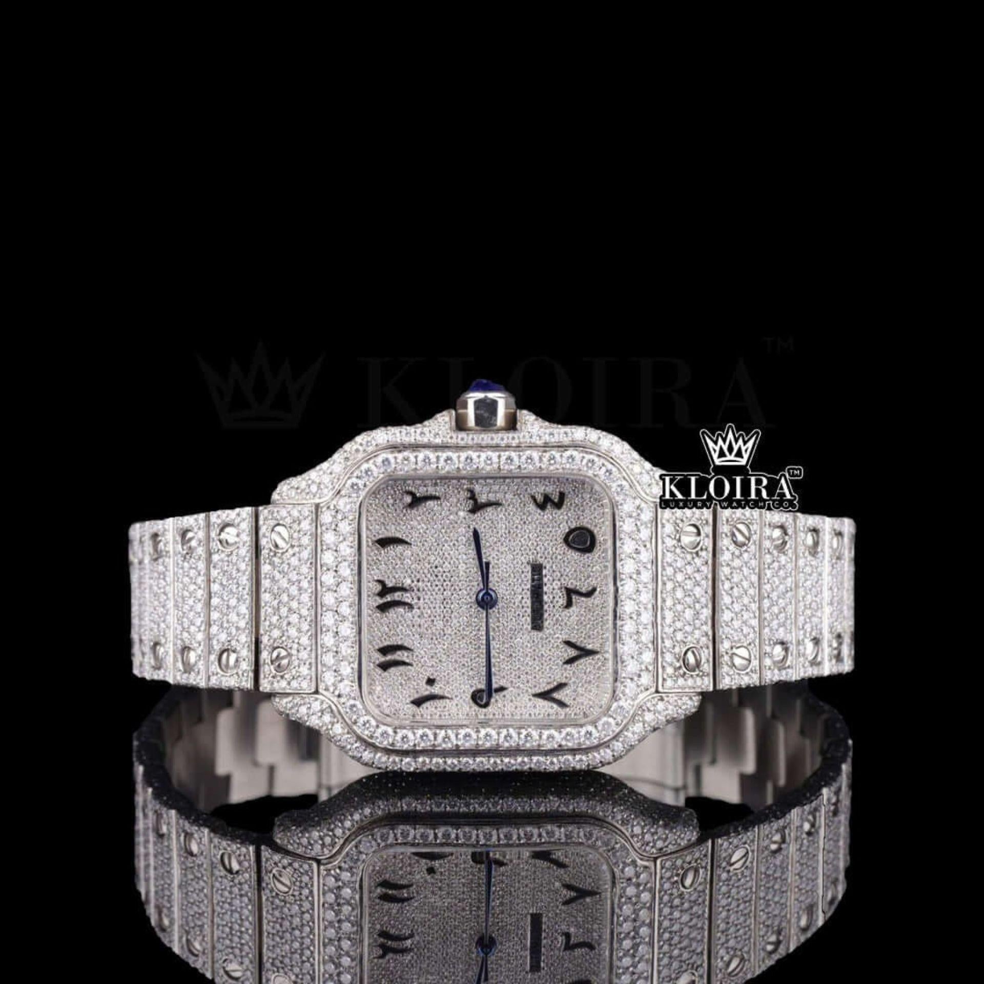 Cartier Santos Inspired Black Arabic Dial Moissanite Diamond Watch 14K Gold Front View