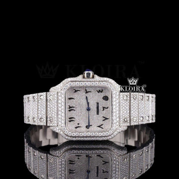 Cartier Santos Inspired Black Arabic Dial Moissanite Diamond Watch 14K Gold Front View
