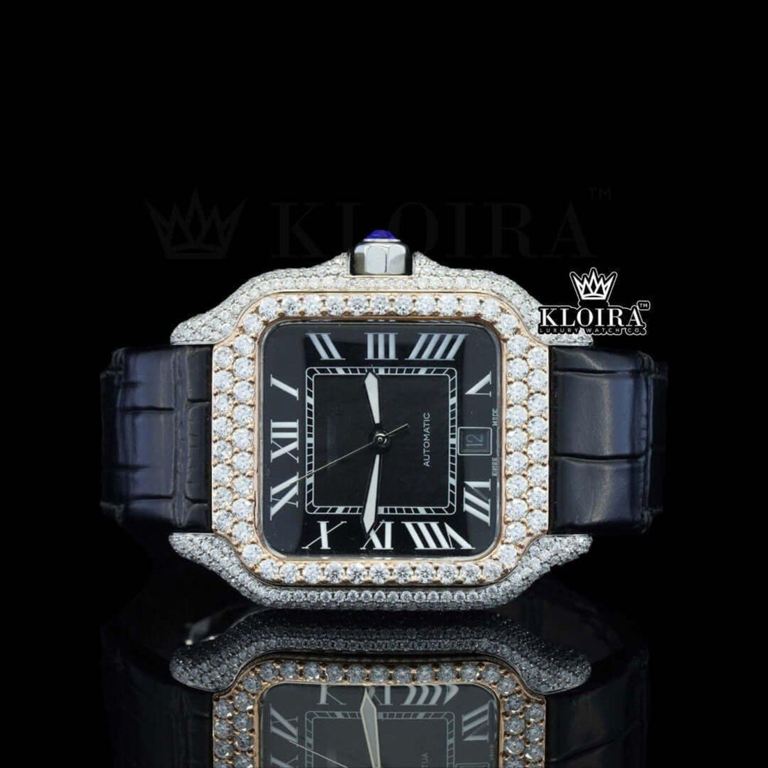 Cartier Santos Inspired Black Dial Natural Diamond Watch 14K Gold 42mm Front View