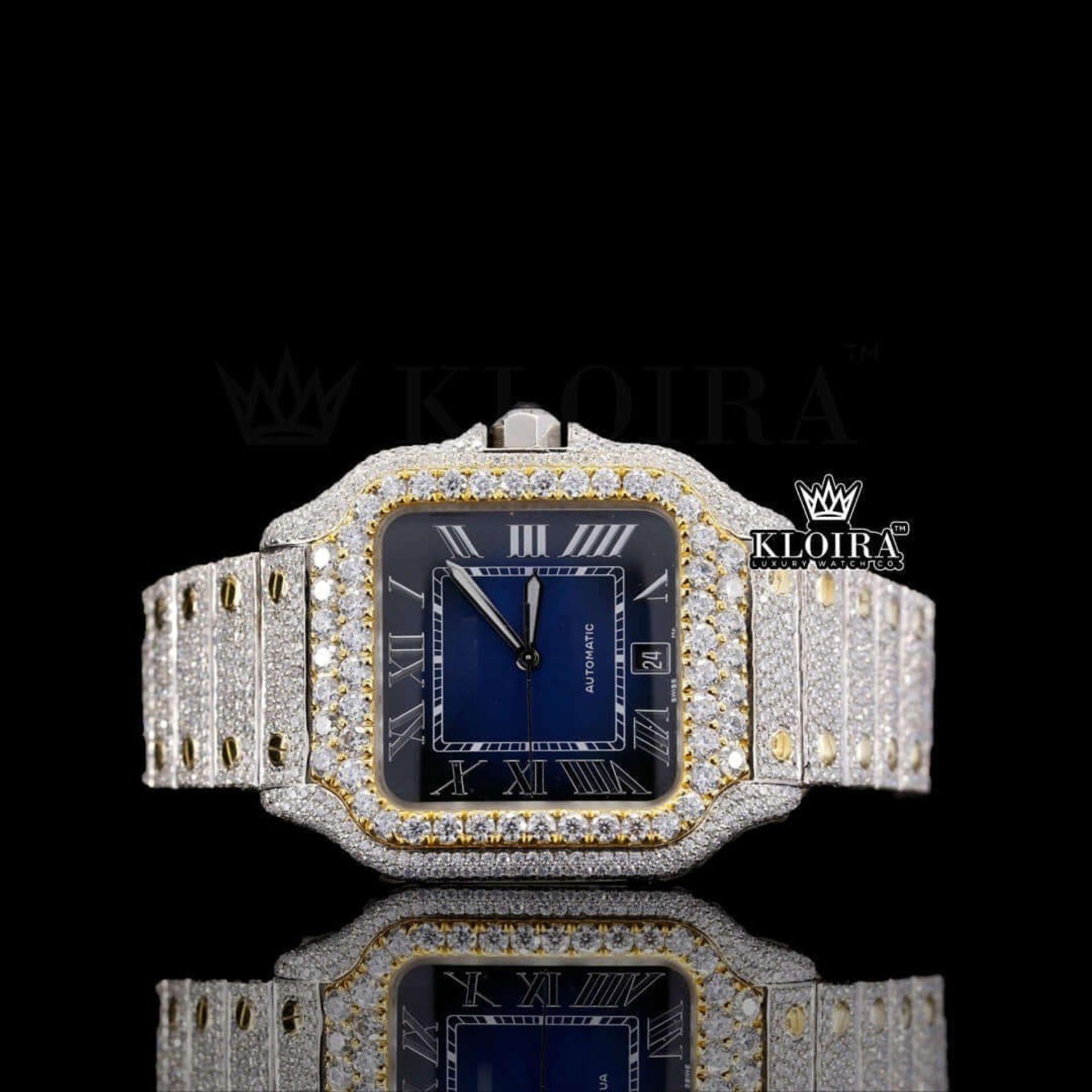 Cartier Santos Inspired Blue Dial Two Tone Iced Out Moissanite Diamond Watch Front View