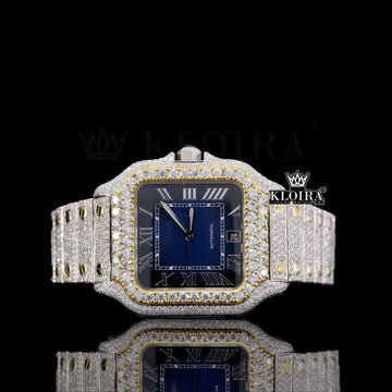 Cartier Santos Inspired Blue Dial Two Tone Iced Out Moissanite Diamond Watch Front View
