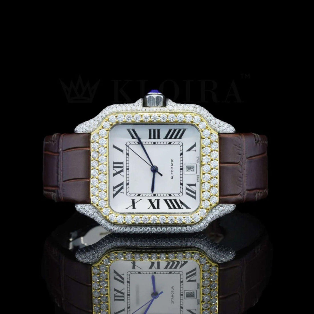 Cartier Santos Inspired Brown Leather Strap Lab Grown Diamond Watch Front View