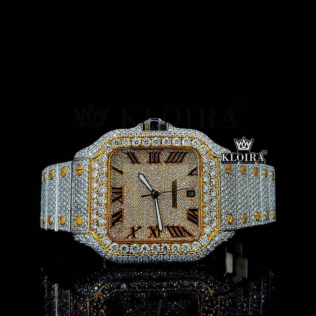 Cartier Santos Inspired Gold Dial Moissanite Diamond Watch 14K Gold 42mm Front View