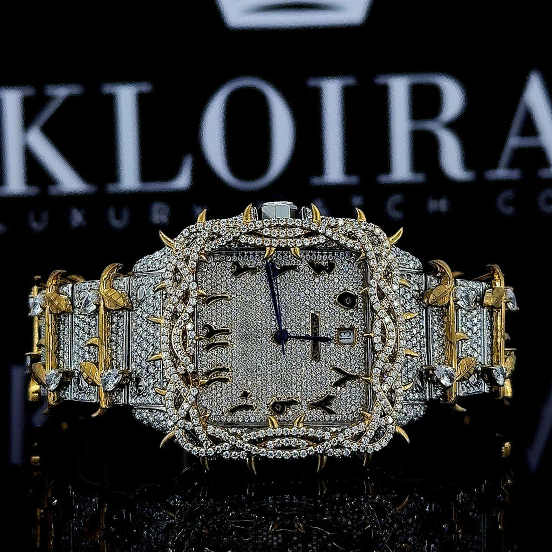 Cartier Santos Inspired Jesus Thorn Yellow Gold Moissanite Diamond Watch Front View