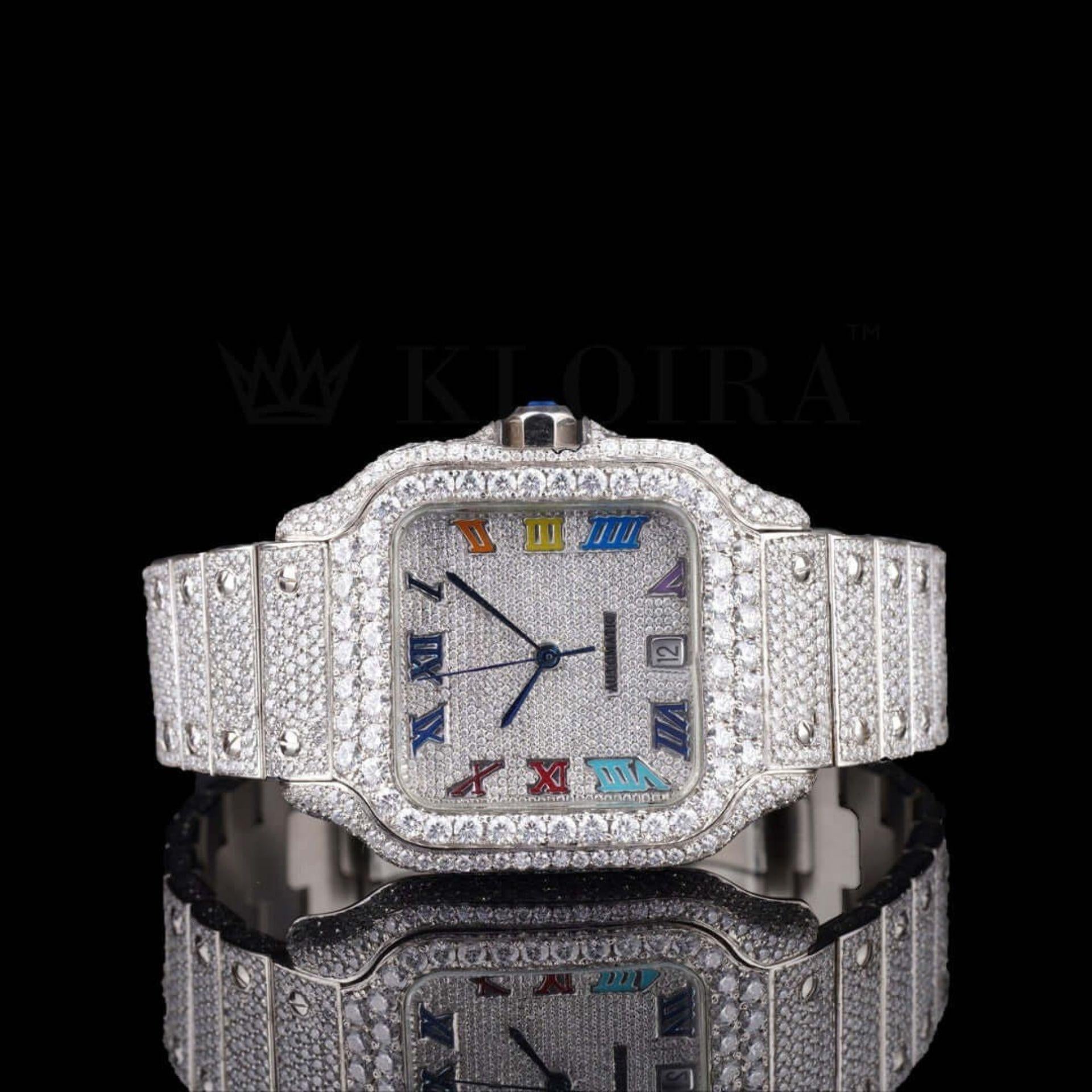 Cartier Santos Inspired Moissanite Watch Multi Color Roman Numerals Front View
