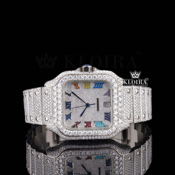 Cartier Santos Inspired Rainbow Numerals Natural Diamond Watch 14K Gold 42mm Front View