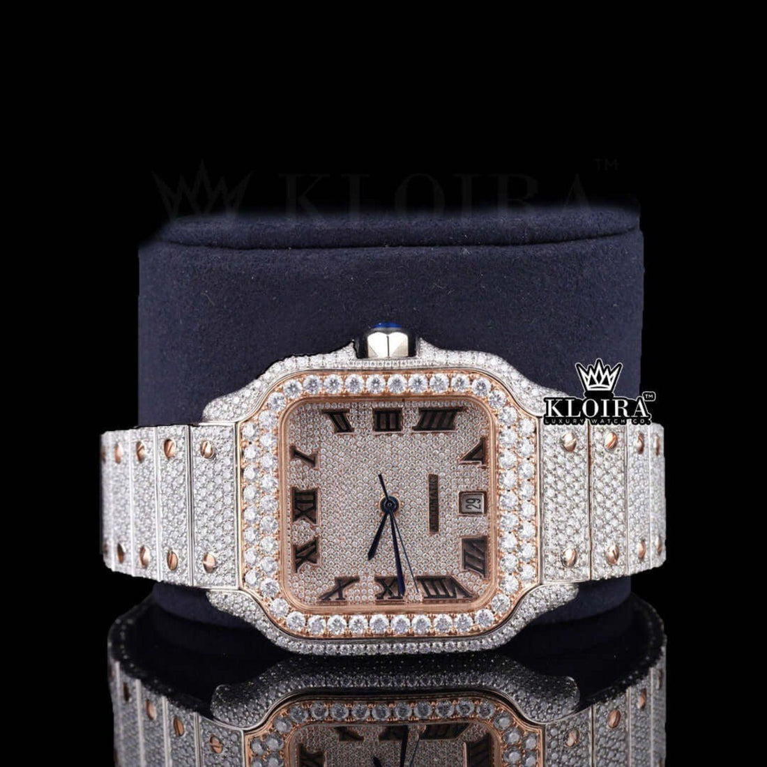 Cartier Santos Inspired Rose Gold Roman Numerals Moissanite Diamond Watch Front View