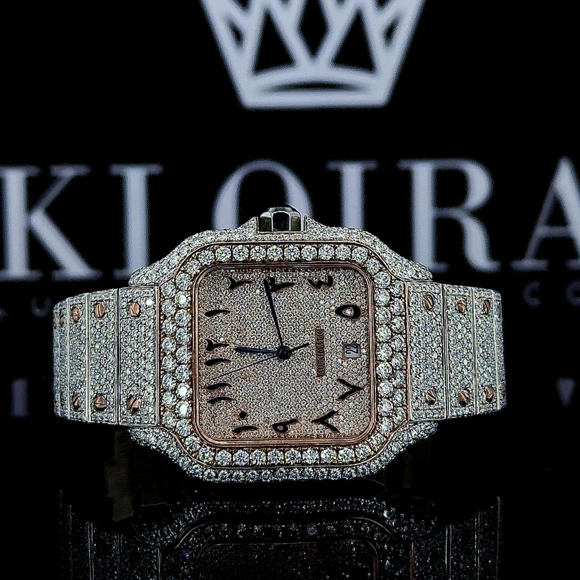 Cartier Santos Inspired Two Tone Arabic Dial Rose Gold Moissanite Diamond Watch Front View