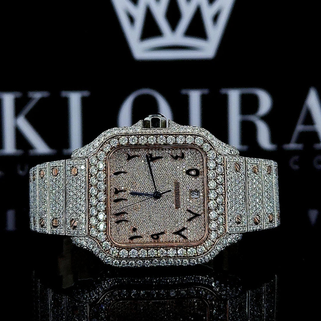 Cartier Santos Inspired Two Tone Arabic Dial Rose Gold Moissanite Diamond Watch Front View