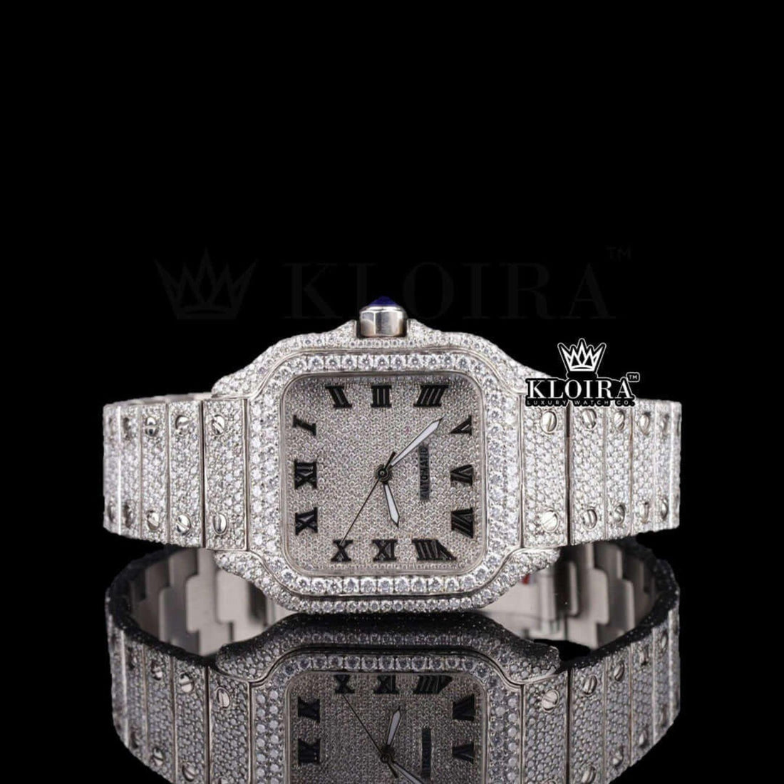 Cartier Santos Inspired White Dial Moissanite Diamond Watch 14K Gold 42mm Front View