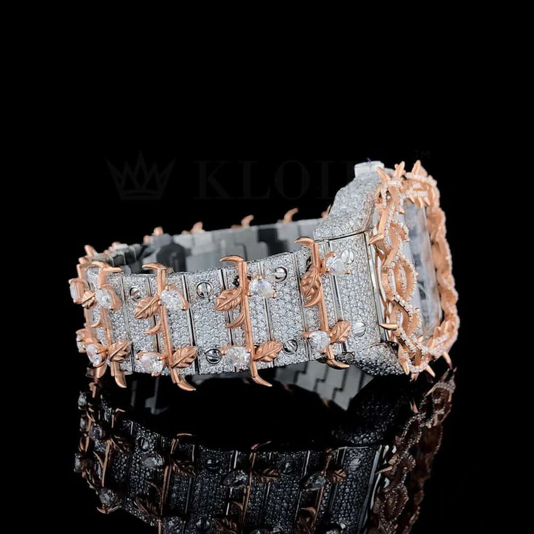 Cartier Santos Jesus Thorn Rose Gold Moissanite Watch with intricate diamond detailing and a luxurious rose gold finish.