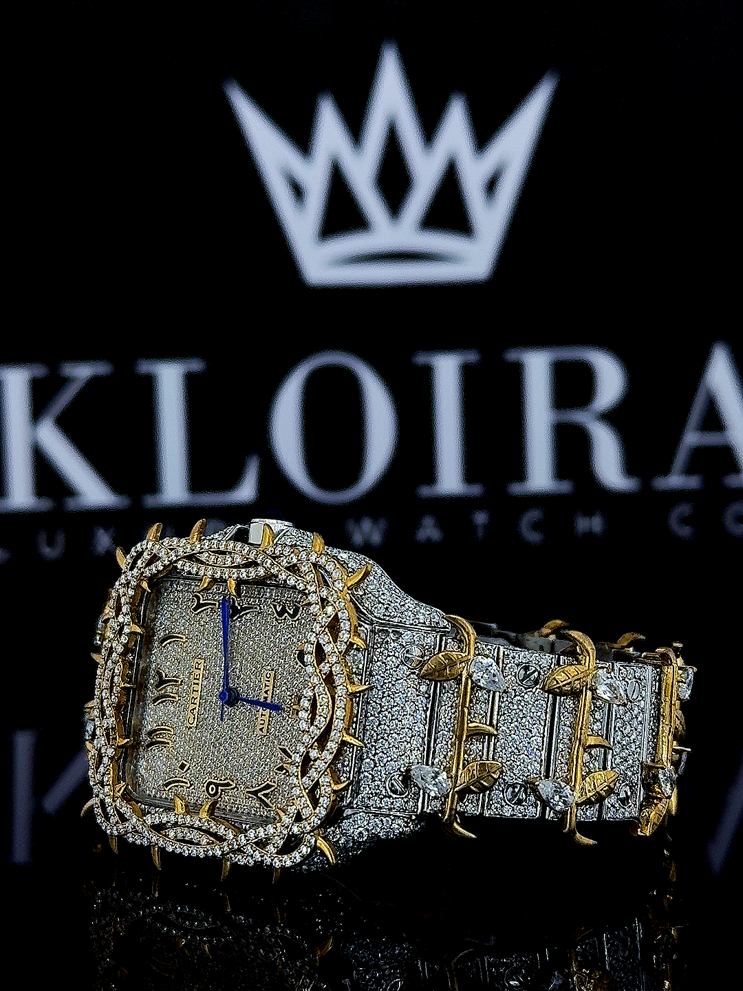 Front View of Cartier Santos Thorn Yellow Moissanite Diamond Watch