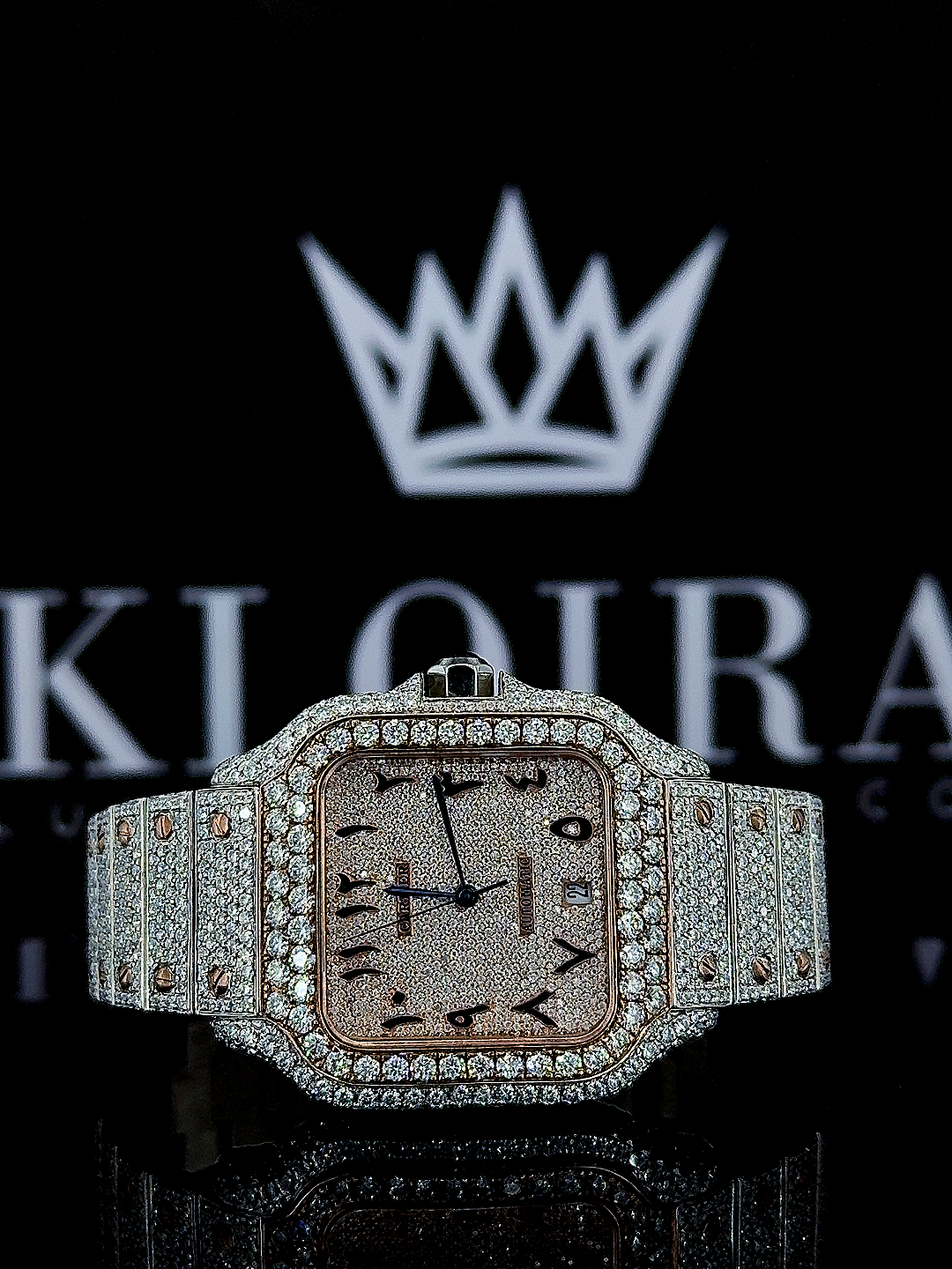 Cartier Santos Two Tone Arabic Dial Rose Gold Moissanite Diamond Watch Front View