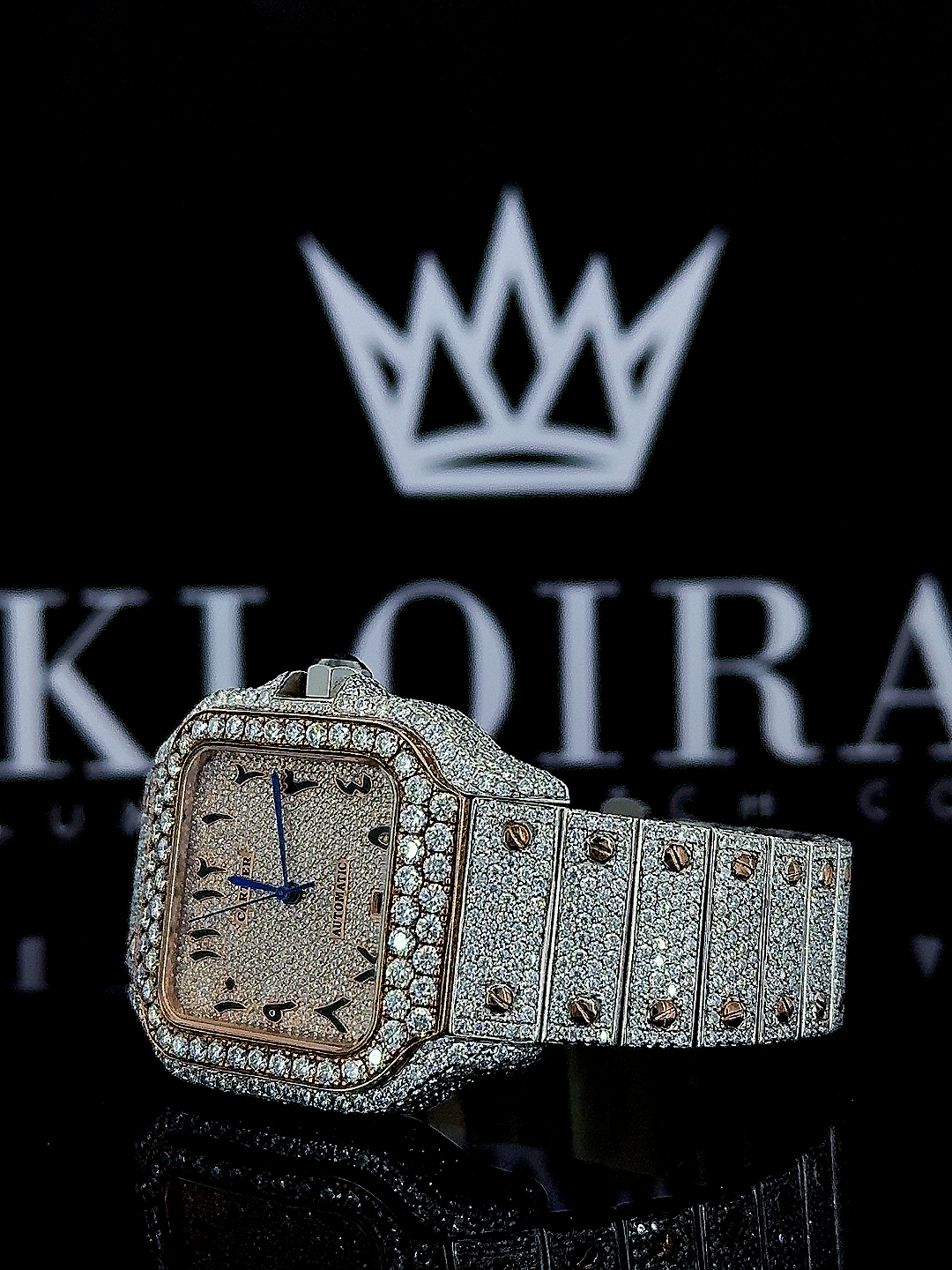 Cartier Santos Two Tone Arabic Dial Rose Gold Moissanite Diamond Watch Front View