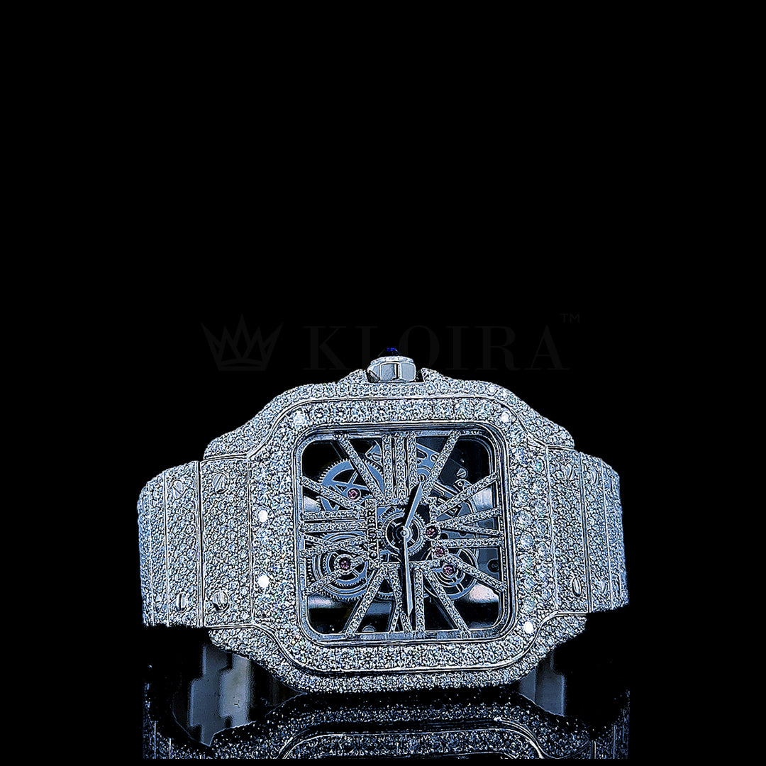Cartier Santos Women Silver  36mm Diamond Studded Swiss Made White Skeleton Watch