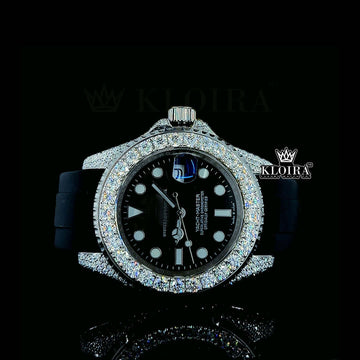 Moissanite Rolex black dial watch with diamond bezel and black rubber strap, luxurious design, 42mm size.