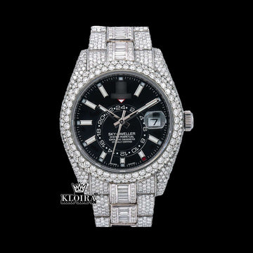Luxury VVS Moissanite Sky-Dweller Iced Out Watch with black dial and diamond accents, showcasing elegance and dazzling brilliance.