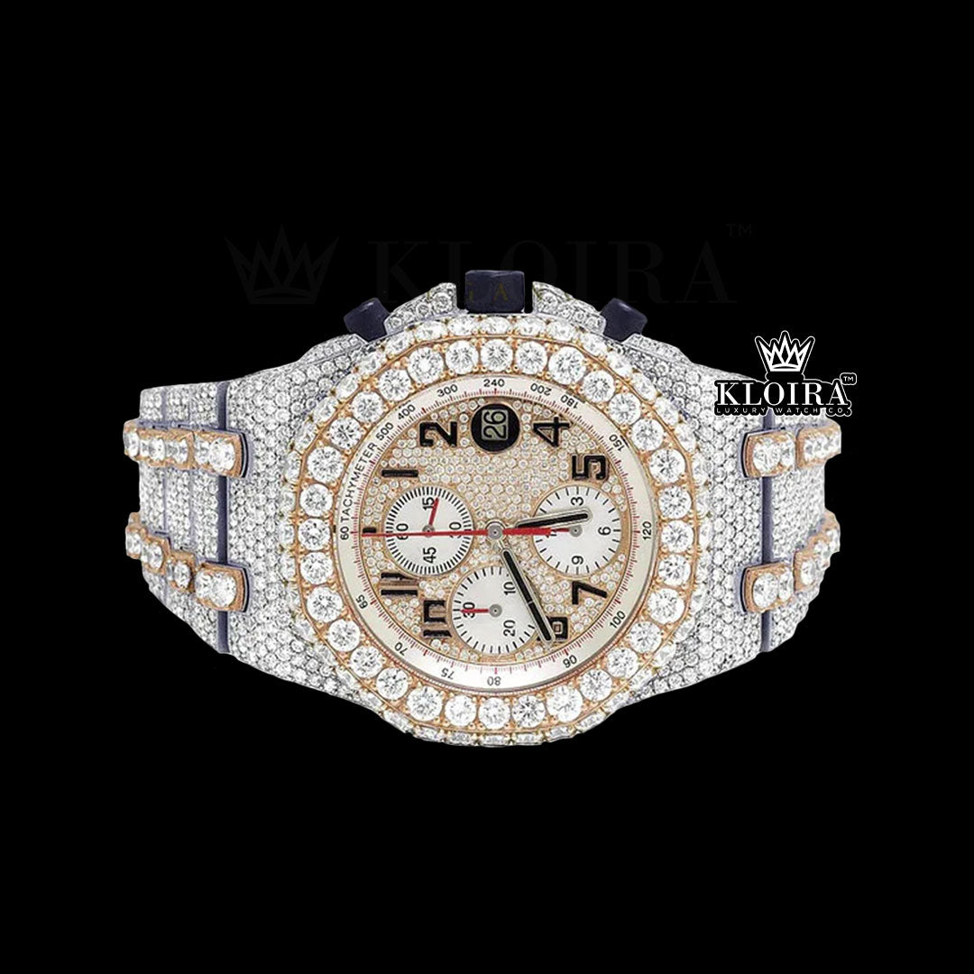 Chrono Elite Moissanite Diamond Watch 14K Gold VVS 24 Carat 42mm Front